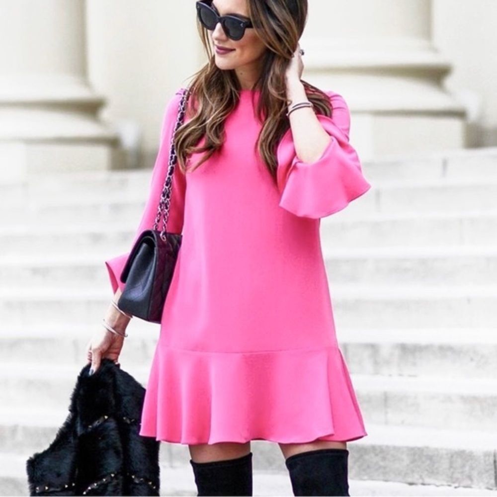 Anthropologie Dress Bright Pink Ruffle Hem Mini Dress Size 2